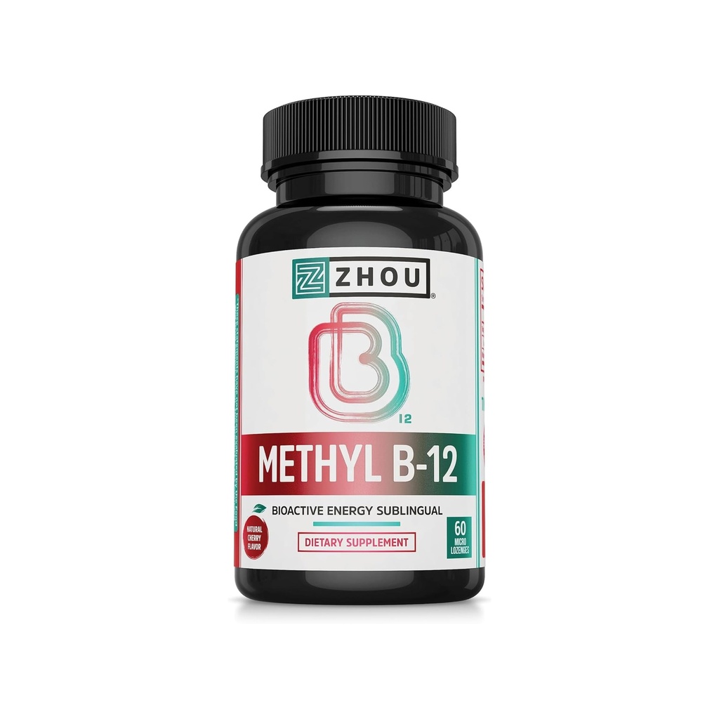 Zhou Methyl B12 - Methyl B-12 Supplement voor vrouwen en mannen, Vitamine B12 5000 mcg, Vegan vriendelijk, Cellular Energy en Zenuwfunctie ondersteuning, Methylcobalamine - 60 Micro Lozen