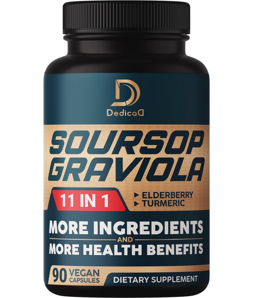 Soursop Graviola Capsules - 3 maanden Supply - 9450mg Per Serving - 11 Kruiden Vlierbessen, Kurkuma Curcumin, Gemberwortel, Melkdistel - Mood, Geest, Lichaam & Immuun Ondersteuning - 90 Vegan Capsules