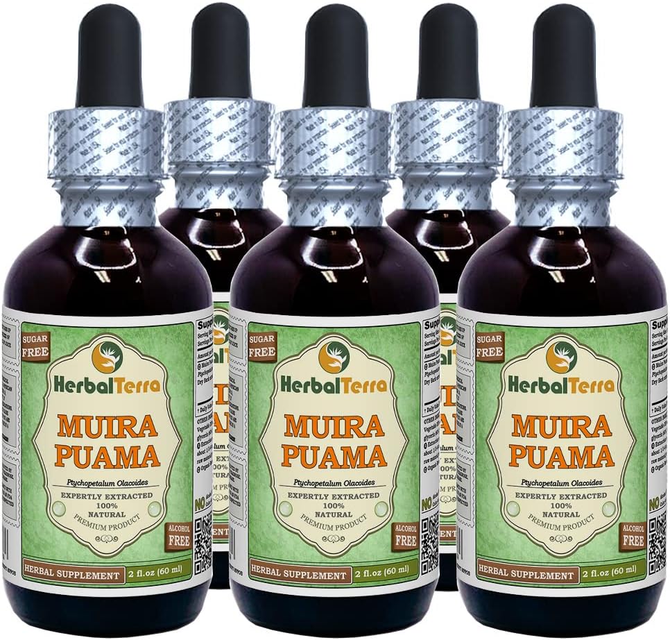 Muira Puama (Ptychopetalum Olacoides) Glycérite, extrait liquide sans alcool biologique (marque: HerbalTerra, fièrement fabriqué aux États-Unis) 5x2 fl.oz (5x60 ml)