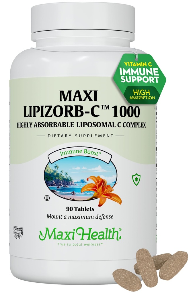 Maxi Santé Vitamine liposomique C 1000mg Comprimés avec mélange digestif, Vitamine C à forte dose très absorbante, Supplément de soutien immunitaire formulé par le médecin non-OGM Kosher (90 Nombre)