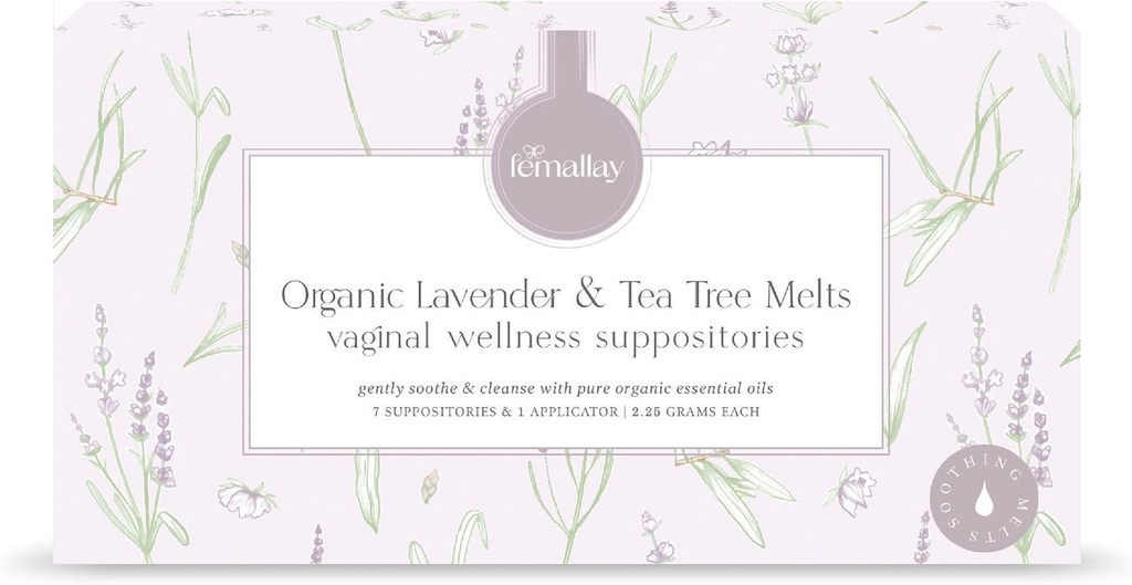 Femallay Biologische Lavendel- en Theeboomolie Vaginale Reinigingsmiddelen voor Hygiëne, 100% Natuurlijke Melts voor Vrouwelijke Verzorging, Groot voor Droogheid en Meer, 7 Individueel Sealed Melts + 1 Applicator