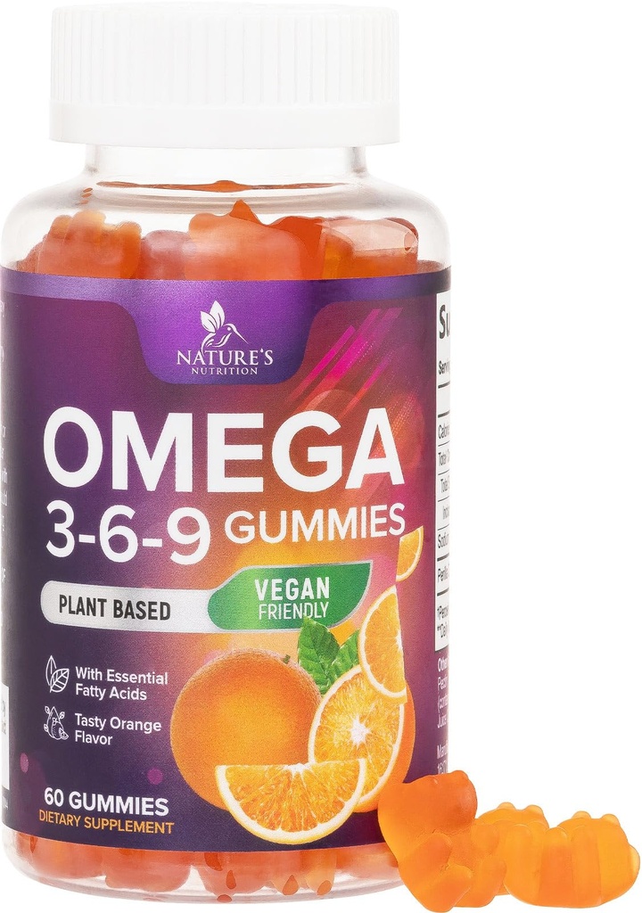 Omega 3 6 9 Gummies - Vegan Omega 3 Supplement Gummy - Essentiële vetzuren Olie 369 Complexe Hartondersteuning & Hersenondersteuning voor vrouwen, mannen & zwangerschap, Visvrij Niet-GMO, Oranje smaak - 60 Gummies