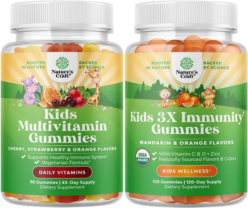Bundel van plantaardige kinderen Multivitamine Gummies - met vitamines A, C, D3, E, B6 & B12, Zink & Jodium en Organische Kids Immune Support Gummies - Vegan Biologische Vitamine D met vitamine C en zink