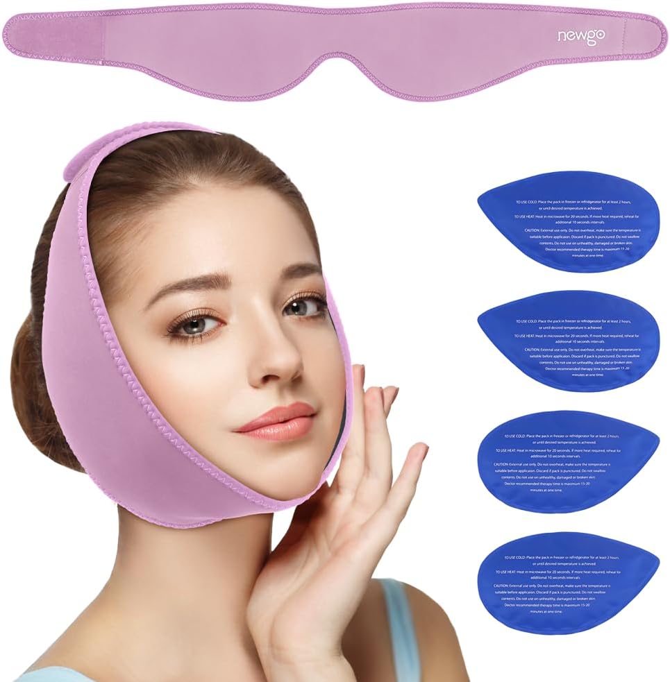 NIEUWGO Wijsheid Teeth Ice Pack hoofd Wrap voor gezicht orale chirurgie, Jaw Ice Pack voor gezicht met 4 Hot Cold Gel Pack voor TMJ, Tand Extractie, Tonsilectomie Herstel - Paars