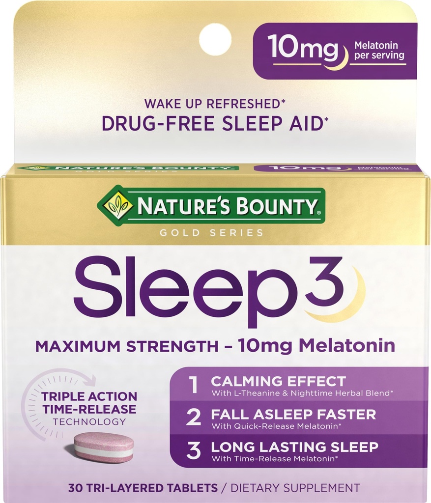 Nature's Bounty Melatonin, Sleep3 Concentration maximale 100% sans médicament aide au sommeil, L-Theanine et la nuit mélange à base de plantes technologie de libération de temps, 10mg, 30 comprimés tri-layered