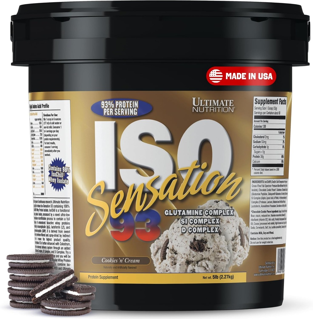 Alimentation Ultime Poudre Isolée de Protéines de Whey avec Complexe Glutamine, ISO Sensation 93 - Poudre de Protéines de Whey avec le Colostrum ajouté pour une récupération améliorée, l'immunité et la santé de Gut - Cookies N Crème, 5lbs