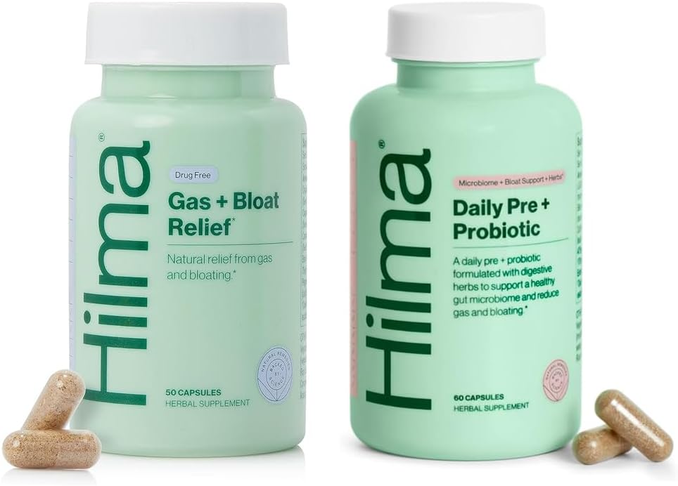 Hilma Healthy Gut & Bloat Support Bundle - Gas & Bloat Relief (50 Vegan Capsules) met Citroen Balsem, Venkel & Pepermuntblad + Dagelijkse Pre & Probiotica met Kruiden (60 Vegan Capsules) voor een gezonde Gut