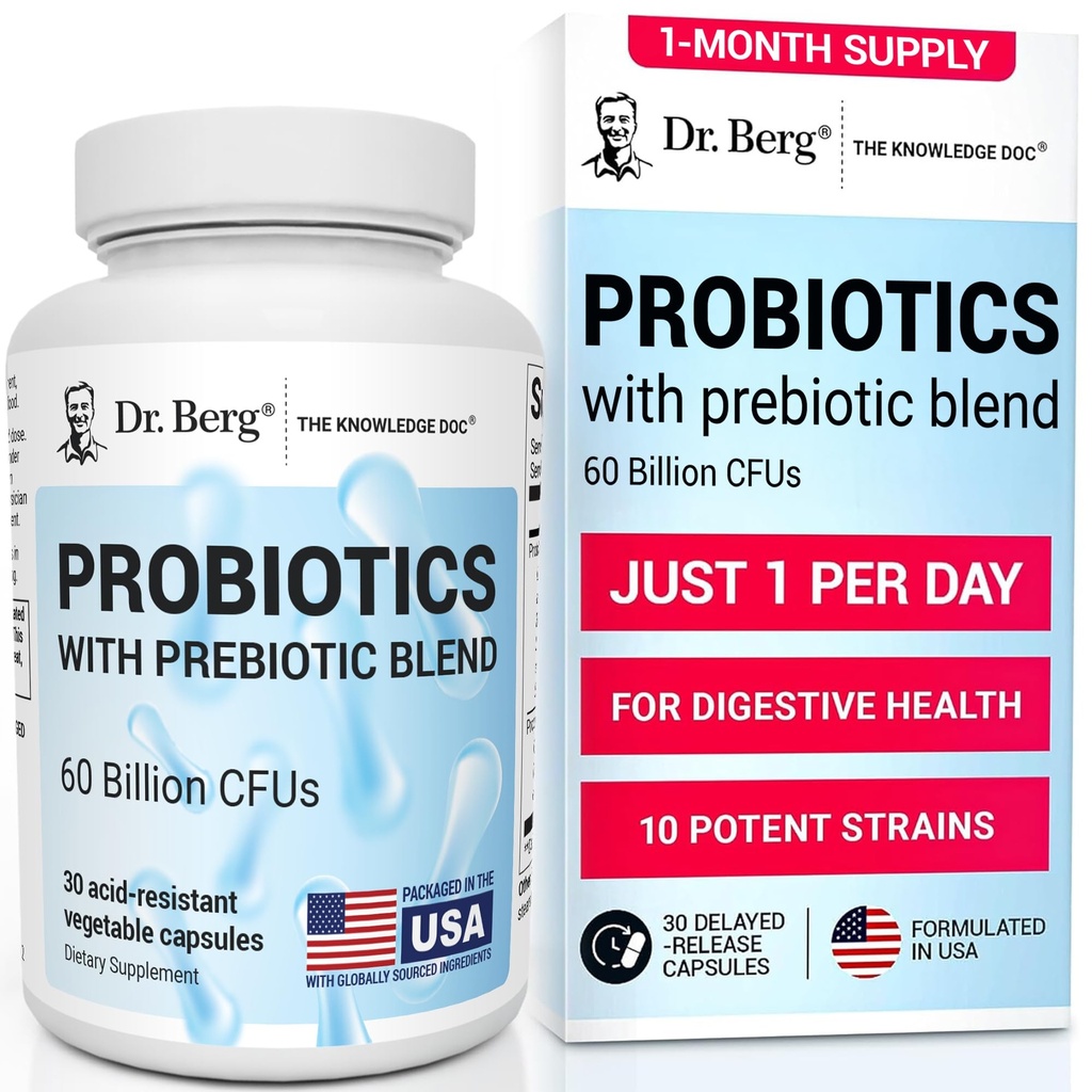 Dr. Berg Probiotic Supplement (60 Miljard CFUs) - Helpt Occasional Constipatie, Diarree, Gas & Bloating* - Pre- en Probiotica voor Digestieve Gezondheid - 30 Probiotische Capsules