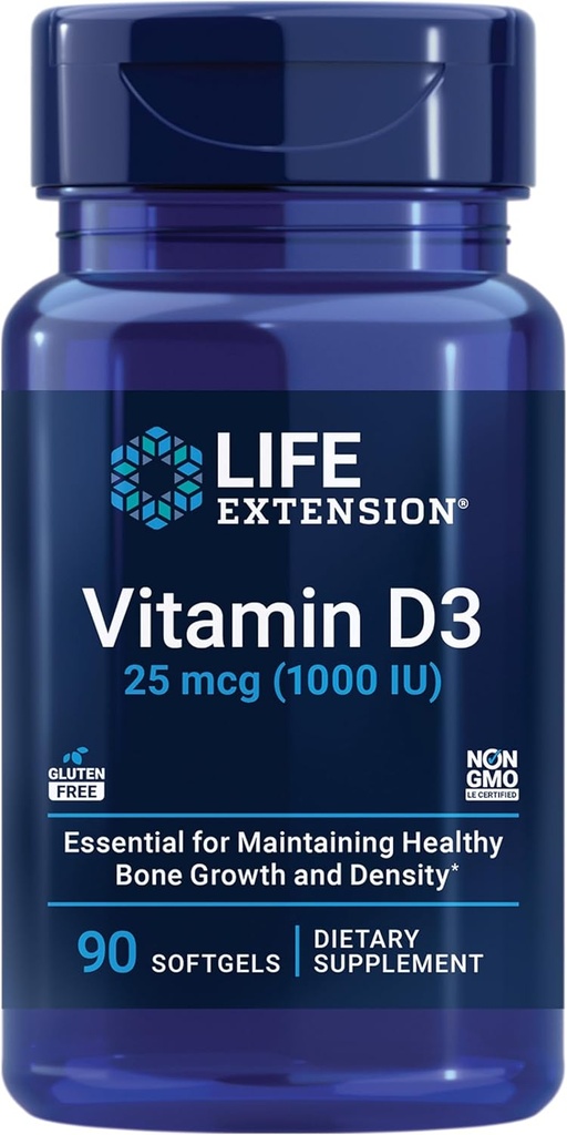Extension de la durée de vie Vitamine D3 25 mcg (1000 UI), Système immunitaire, Bone Health, Santé du corps entier, Taille de la valeur, Sans gluten, Non-OGM, 90 softgels