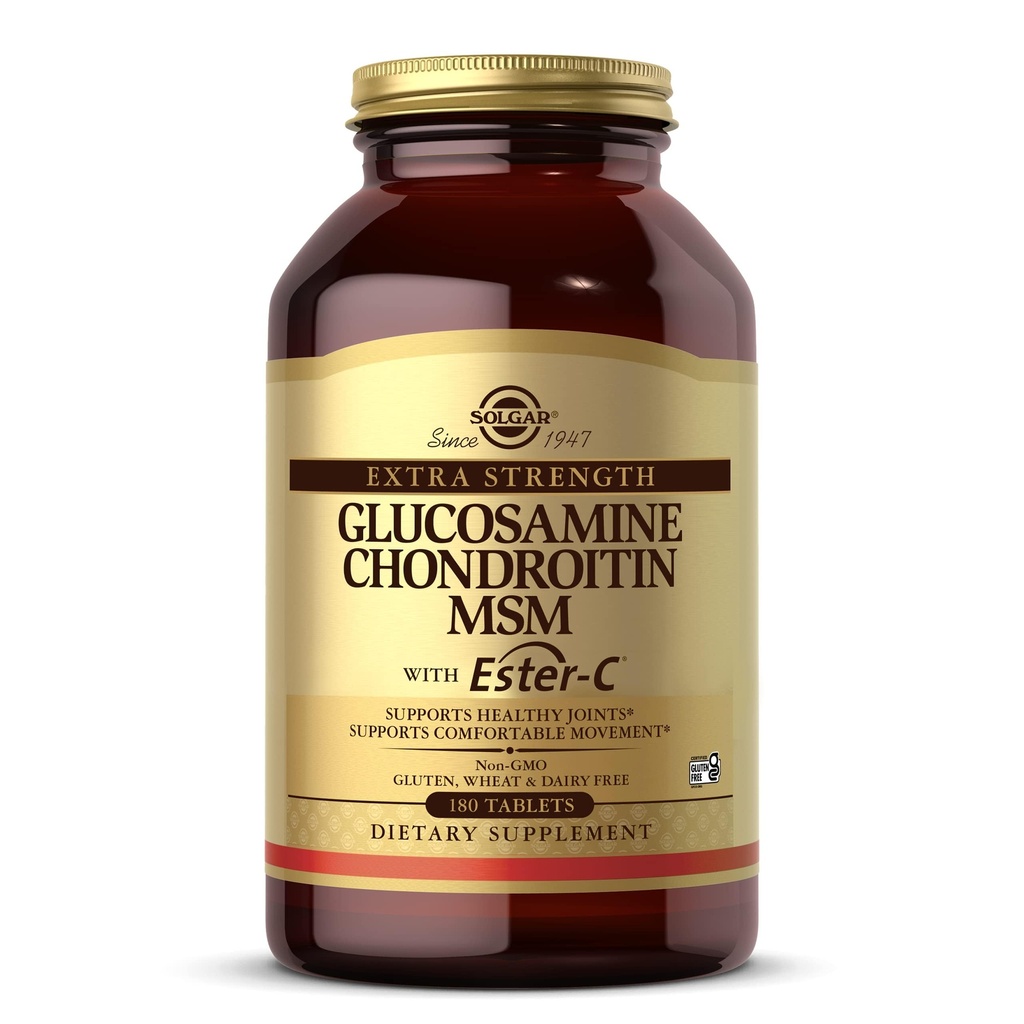 Solgar Extra Strength Glucosamine Chondroitine MSM w/ Ester-C, 180 comprimés - favorise la santé des articulations, soutient le mouvement confortable et la formation de collagène - non-OGM, gluten no, lait no - 60 portions