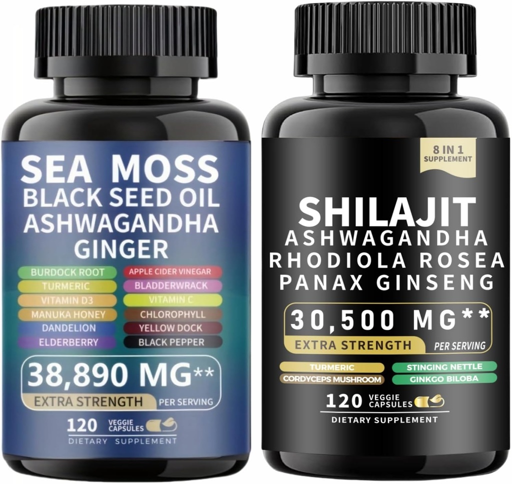 Sea Moss and Shilajit Sea Moss Black Seed Oil Ashwagandha Ginger&shilajit rhodiola rosea panax Ginseng (120 Tel.)