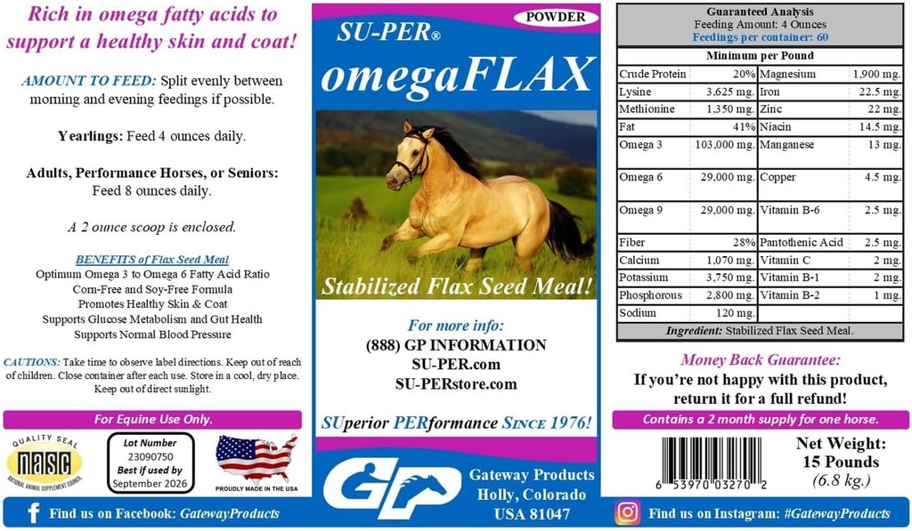 SU-PER OmegaFLAX Vlas voor paarden - Premium Stabilized Flax Seed Meal & Omega 3 Supplement - Ondersteunt gezonde huid en jas - 15 pond