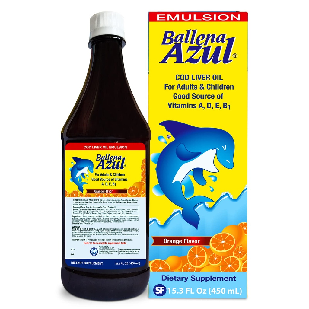 Ballena Azul Aceite de Hígado de Bacalao para Adultos y Niños, COD Leverolie voor volwassenen en kinderen, Goede Bron van Vitaminen A,D,E, B1, Dieetsupplement, Omega 3, Inmune System Boost (ORANGE 15 OZ)