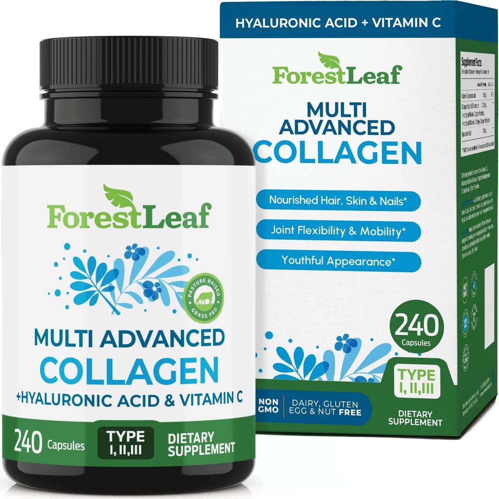 ForestLeaf Multi Collageen Pillen - Collageen Mannen & Collageen Vrouwen - Gehydrolyseerde collageen Supplementen met vitamine C & Hyaluronzuur - Collageen Capsules voor haar, huid en nagels (240 Peptide Capsules)