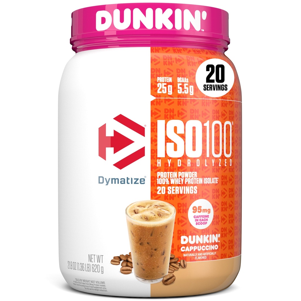 Dymatize x Dunkin' Cappuccino ISO100 Wei Proteïnepoeder, 95mg Cafeïne, 25g Proteïne5.5g BCAA's, 120 Cal., Glutenvrij, 1g Vet, 1g Suiker, 2g Carb (20 Servers)