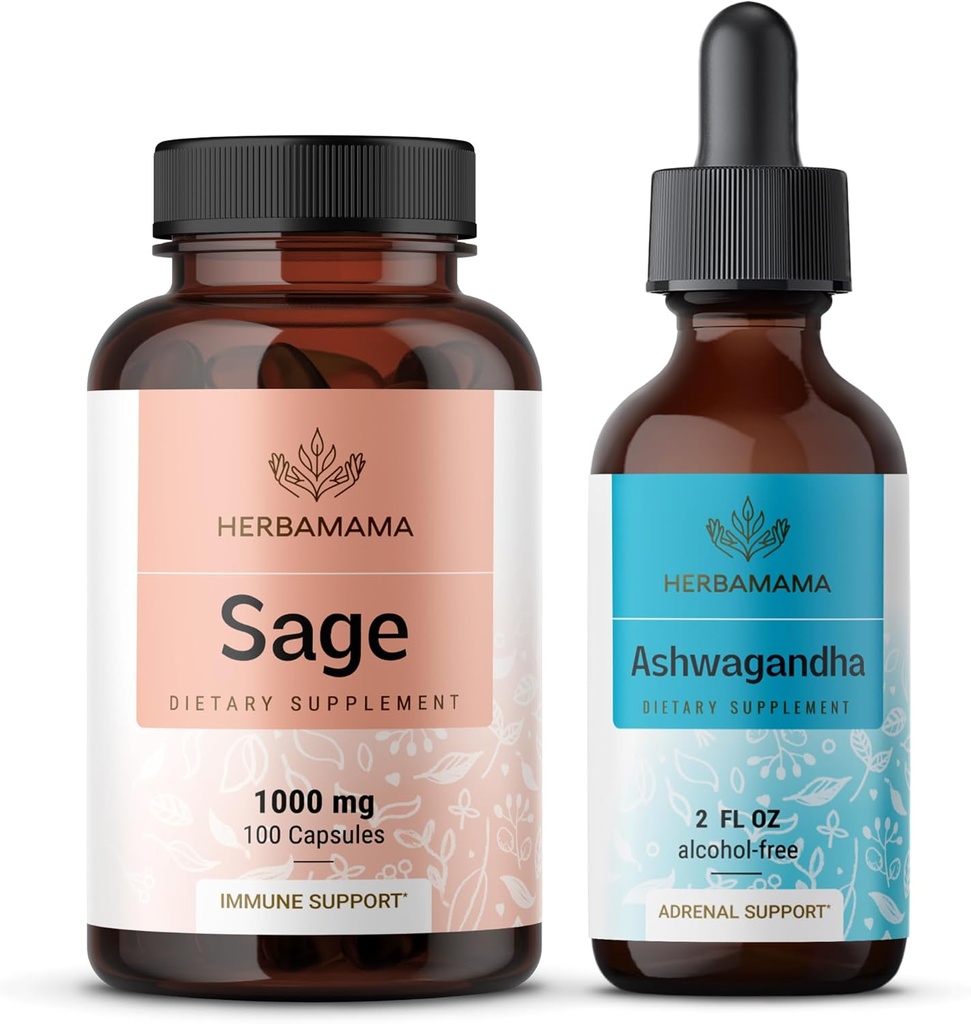 HERBAMAMA Sage and Ashwagandha Kit - bundel van 1000 mg Sage Leaf Capsules & Ashwagandha Root Tinctuur 2 fl oz - Vegan, Non-GMO, Sugar & Alcohol-Free - 2 Pack
