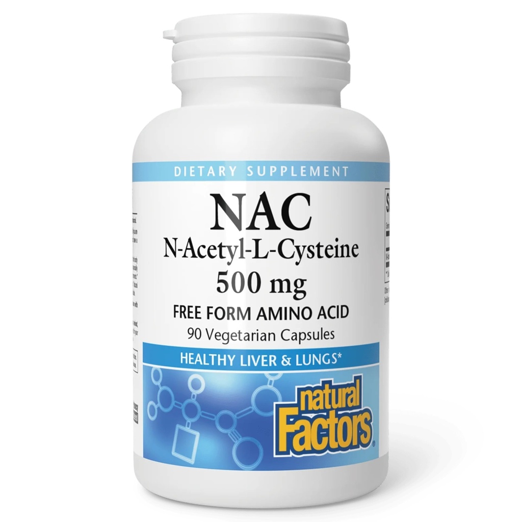 Natuurlijke Factoren N-Acetyl-L-Cysteine 500 mg - Ondersteunt gezonde lever en longen - Antioxidant Ondersteuning Supplement Ondersteunt Immuun Systeem Gezondheid - 90 Vegetarische Capsules (90 porties)