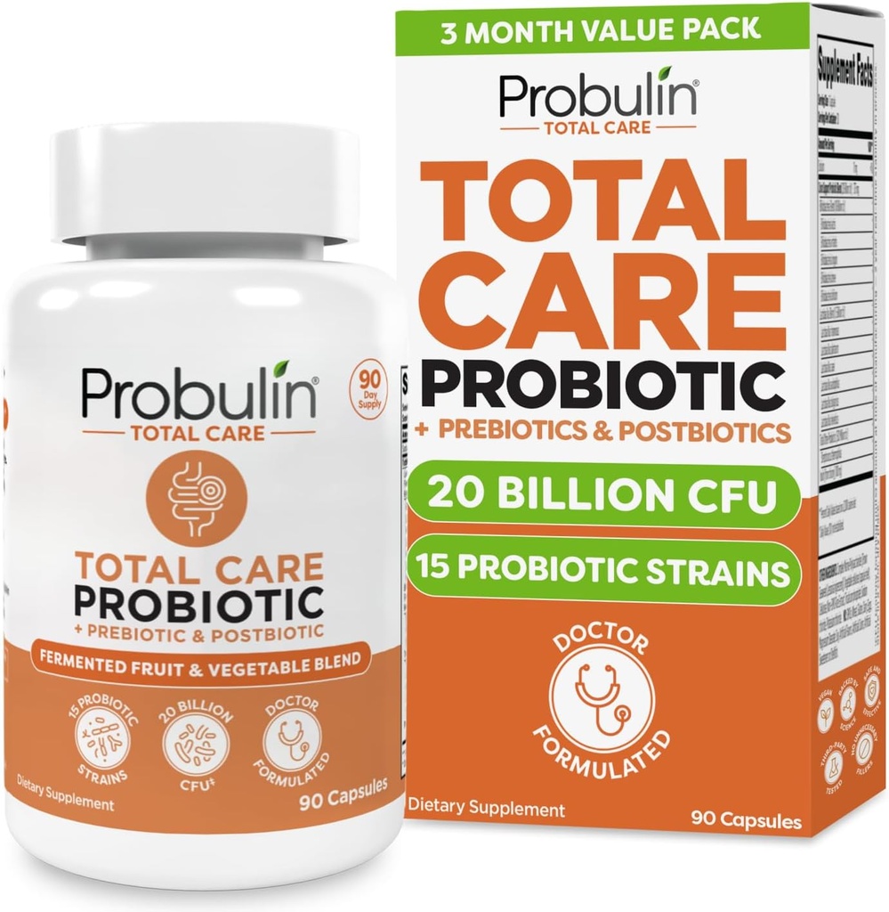 Probulin Total Care Probiotic Supplement, Daily Gut, Digestief, en Immune Health Probiotica Capsules voor mannen en vrouwen, 20 miljard CFU, Vegan, 90 Telfles