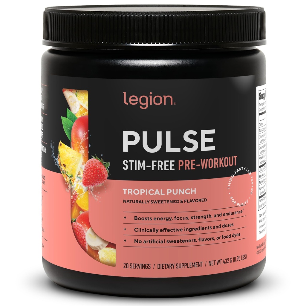 LEGION Pulse Pre Workout Supplement - Alle natuurlijke Nitric Oxide Preworkout Drink om energie te stimuleren, Createïnevrij, natuurlijk gezoet, Beta Alanine, Citrulline, Alpha GPC (cafeïnevrije tropische punch)