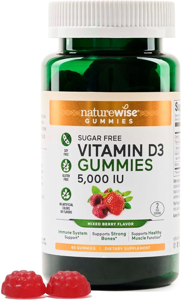 NatureWise Vitamine D3 5000 IE Gummies - Suikervrije gemengde Bessensmaak - Vitamine D Gummies voor volwassenen, Ondersteunt Immuniteit, Spier & Bone Strength - Gelatine-Free, Non-GMO- 60 Gummies[1-Maande Levering]