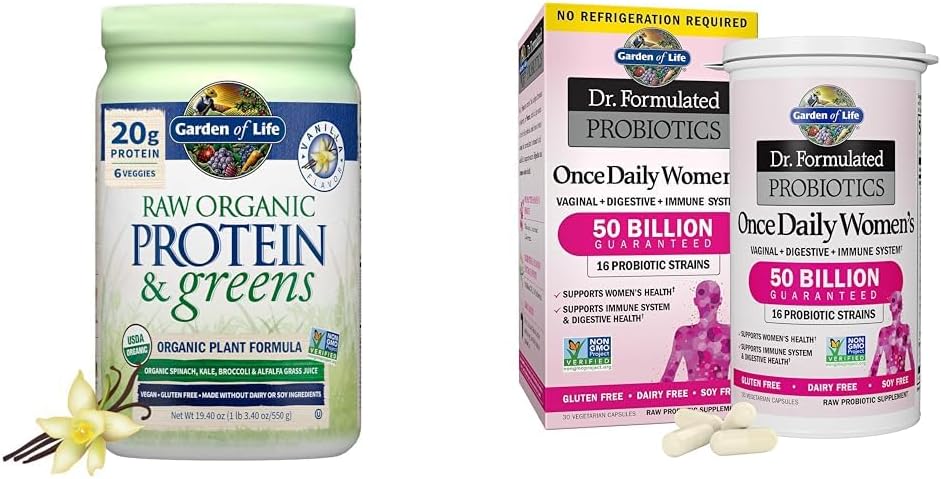 Garden of Life Raw Organic Protein & Greens Vanille - Vegan Protein Powder for Women & Dr. Formulated Women's Probiotics Once Daily, 16 Strains, 50 Miljard, 30 Tellen