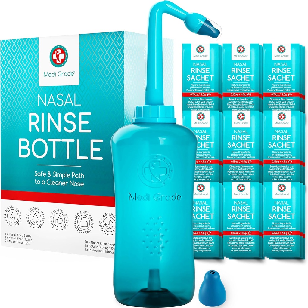 Medi Grade Sinus Sinaasfles, 500ml met 30 Sinus Sinaaspakketten - Complete Neus Irrigatie Systeem - Neti Pot Neusreiniger - Nasal Wash Kit voor thuis of op reis - 2 Neus Sinaasappel Tips en opslagzak