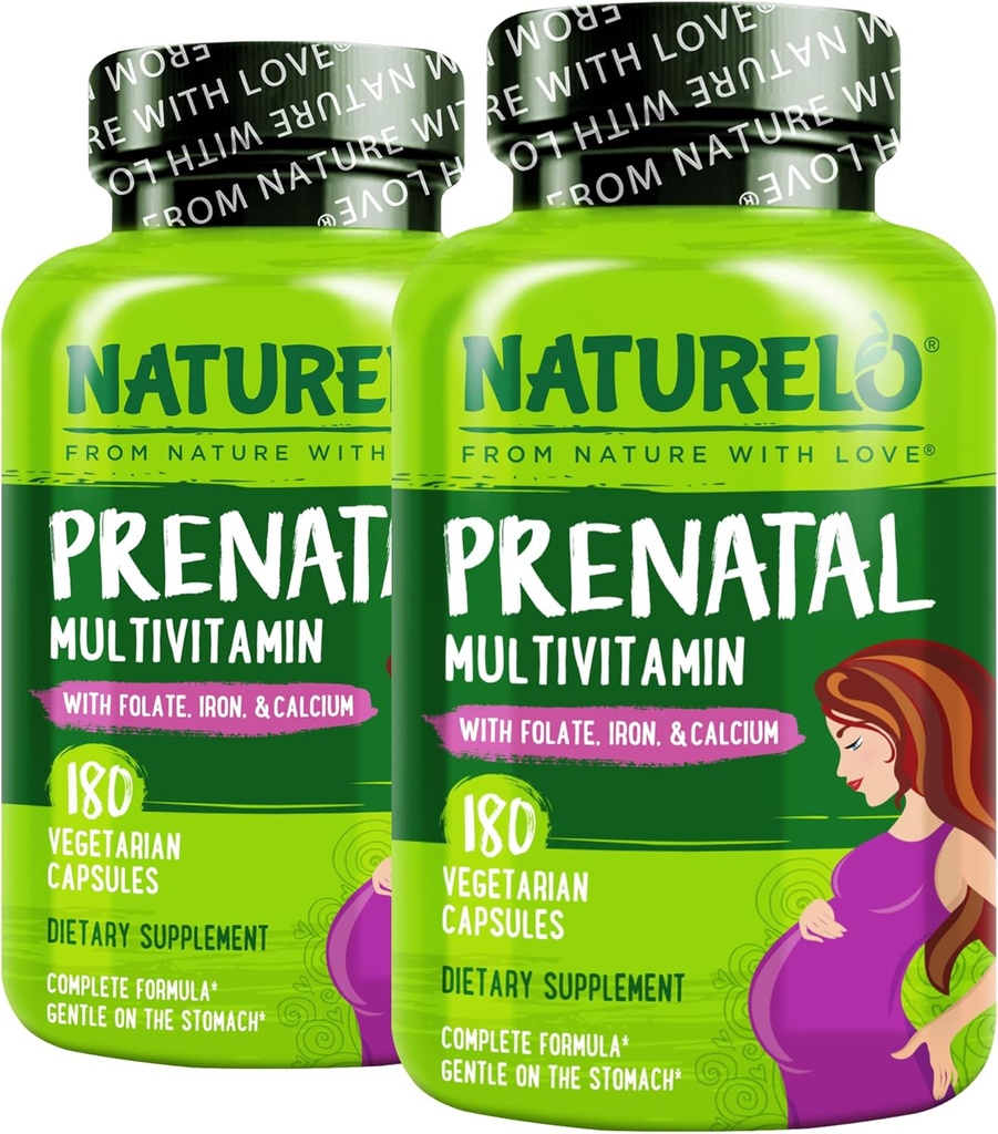 NATURELO Multivitamine prénatale avec du fer chélaté doux, du folate de méthyle, du calcium végétal et de la choline - végétalien, végétarien - non-OGM - sans gluten - 180 capsules - approvisionnement de 4 mois (paquet de 2)