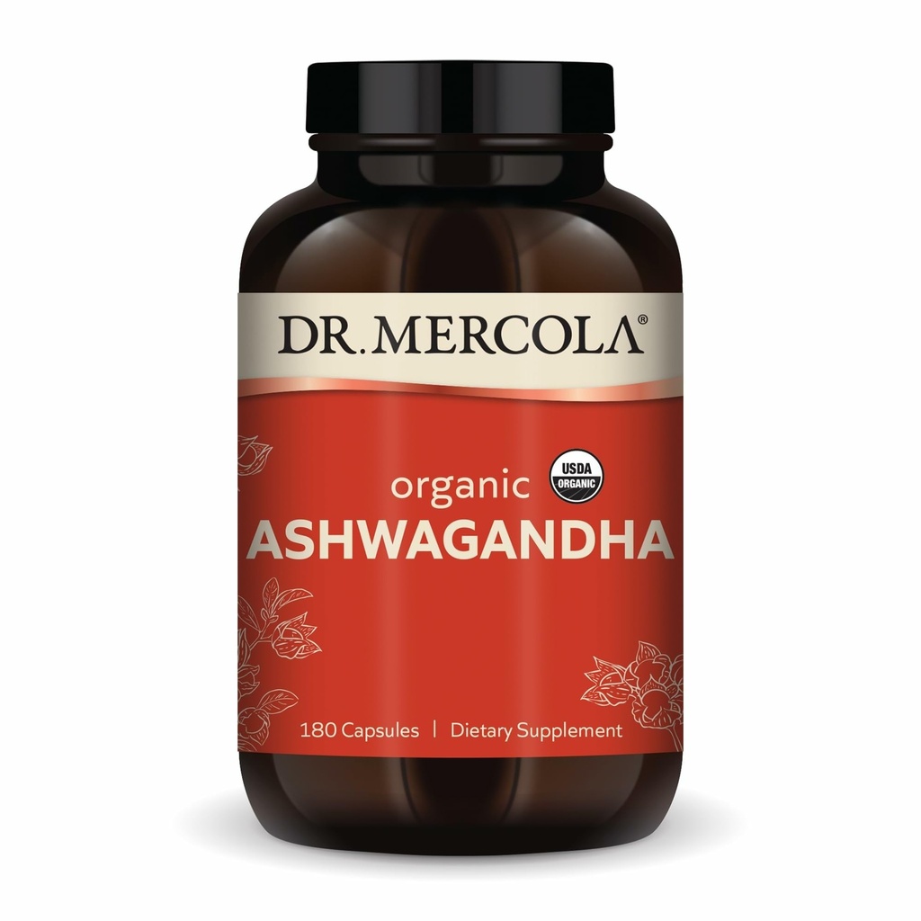 Dr. Mercola Organic Ashwagandha - Ondersteunt energieproductie & adrenal Health - 800 mg per portie - Non-GMO, Glutenvrije & sojavrije - Gecertificeerd USDA Organic - 180 Capsules (90 porties)