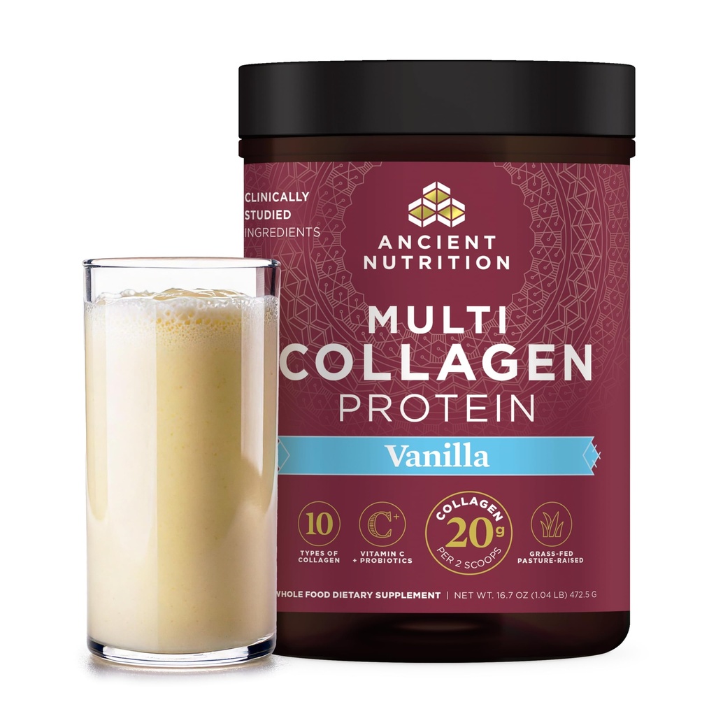 Ancient Nutrition Collagène Peptides Poudre, Protéines Multi Collagènes, Femmes & Hommes, Vitamine C, Probiotiques, Collagène Hydrolysé, Supporte la peau, articulaires, Santé Gut, Vanille, 45 portions
