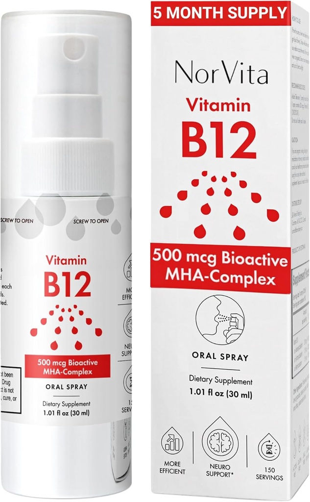 Vitamine B12 Spray 500 mcg (150 porties) - Quick Absorptie MHA Complex (Methylcobalamine, Hydroxycobalamine, Adenosylcobalamine) - Vegan, Non-GMO, Liquid B12 Supplement