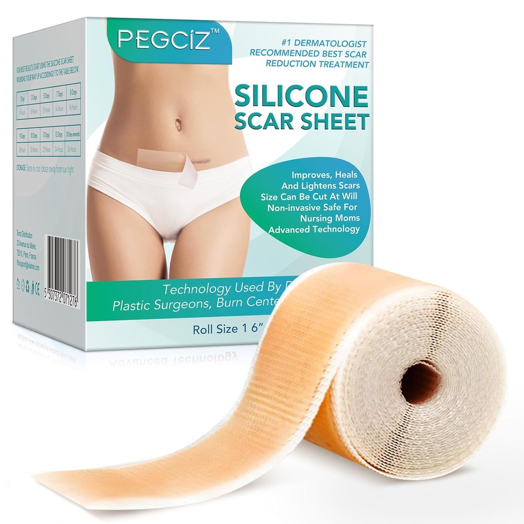 Feuilles de cicatrices en silicone, bandes de cicatrices en silicone, feuilles de cicatrices en silicone pour cicatrices, feuilles de cicatrices en silicone pour le visage, l'acné, le kéloïde, les burns, la marque stretch, l'élimination des cicatrices chirurgicales de section C (1,6" x 60"Roll-1,5M)