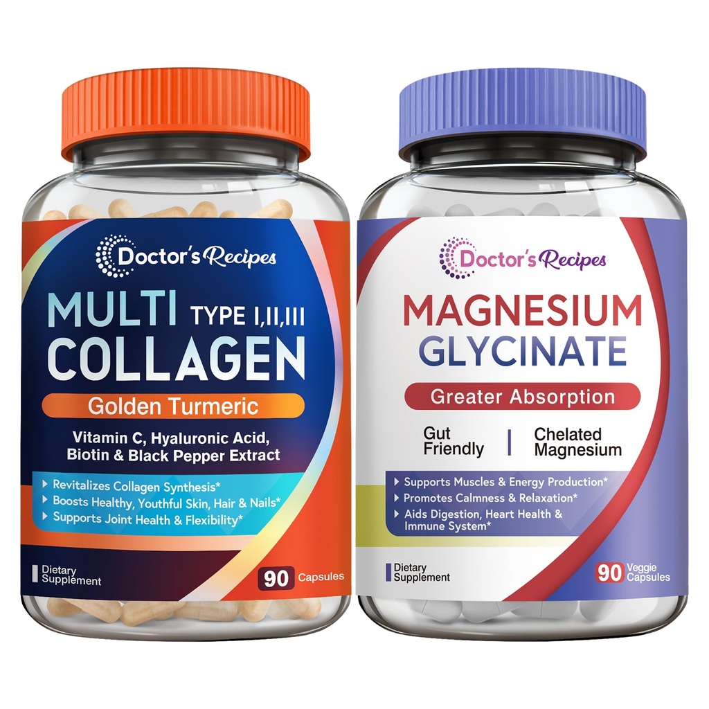 Artsrecepten Multicollagen Complex & Magnesium Glycinate Bundle, Whole Body Rejuvenation, Relax & Relief, Collageen Capsules 90 ct & Magnesium Capsules 90 ct