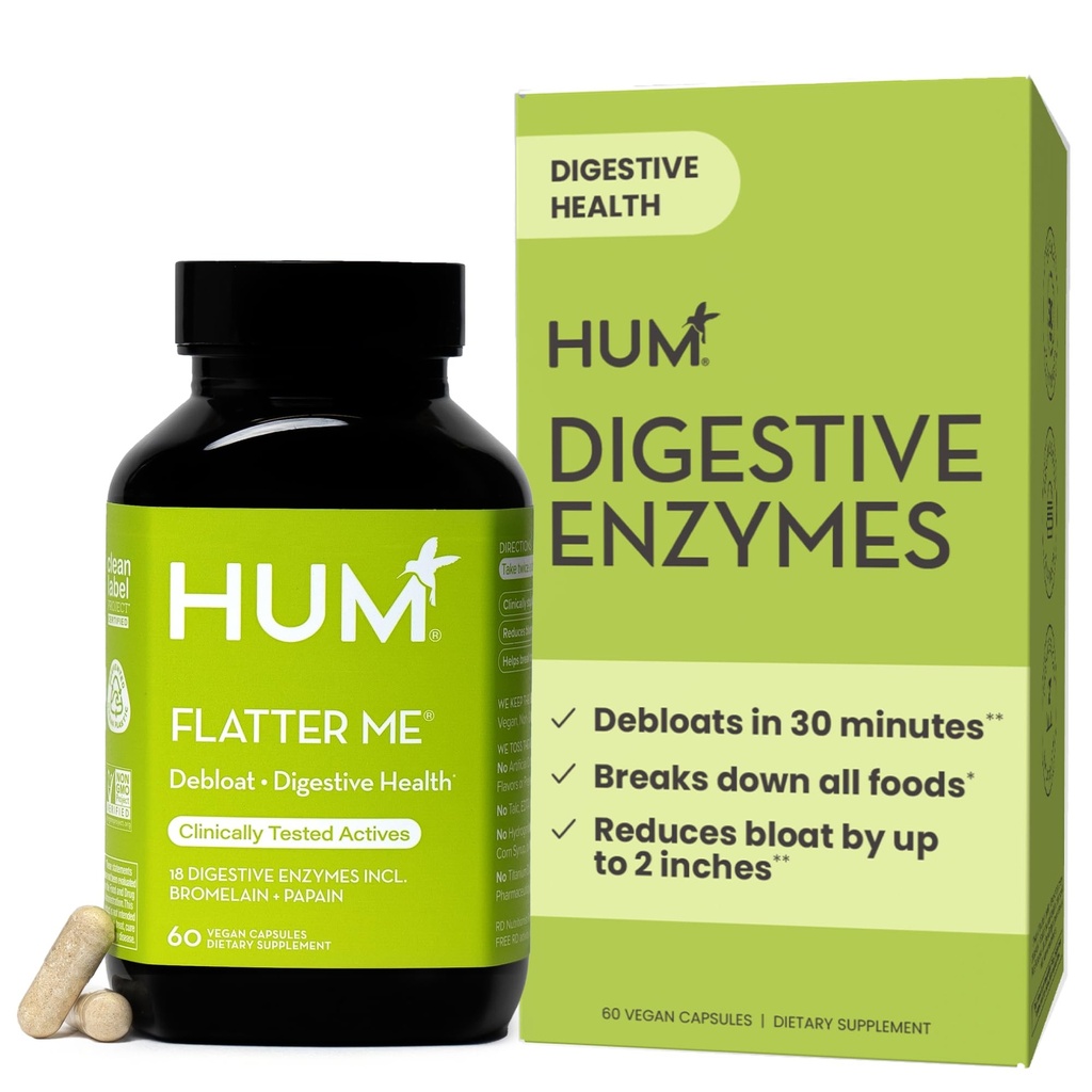 HUM Flatter Me Decompensative Enzymes for Women & Men, Digestief Health Bloating Supplement met Gember & Peppermint Leaf, Fast Acting Anti Bloat Pillen Multi Enzyme for Debloating, Vegan, 60 Capsules