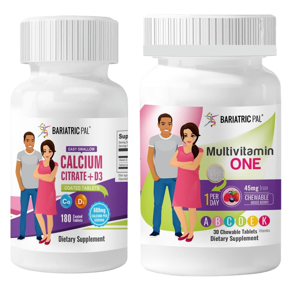 BariatricPal 30 dagen Bariatric Vitamine Bundle Multivitamine ONE 1 per dag! Kauwbaar met 45mg ijzer - gemengde bes en gemakkelijk doorslikken Calcium citraat (600mg) en D3 gecoate tabletten