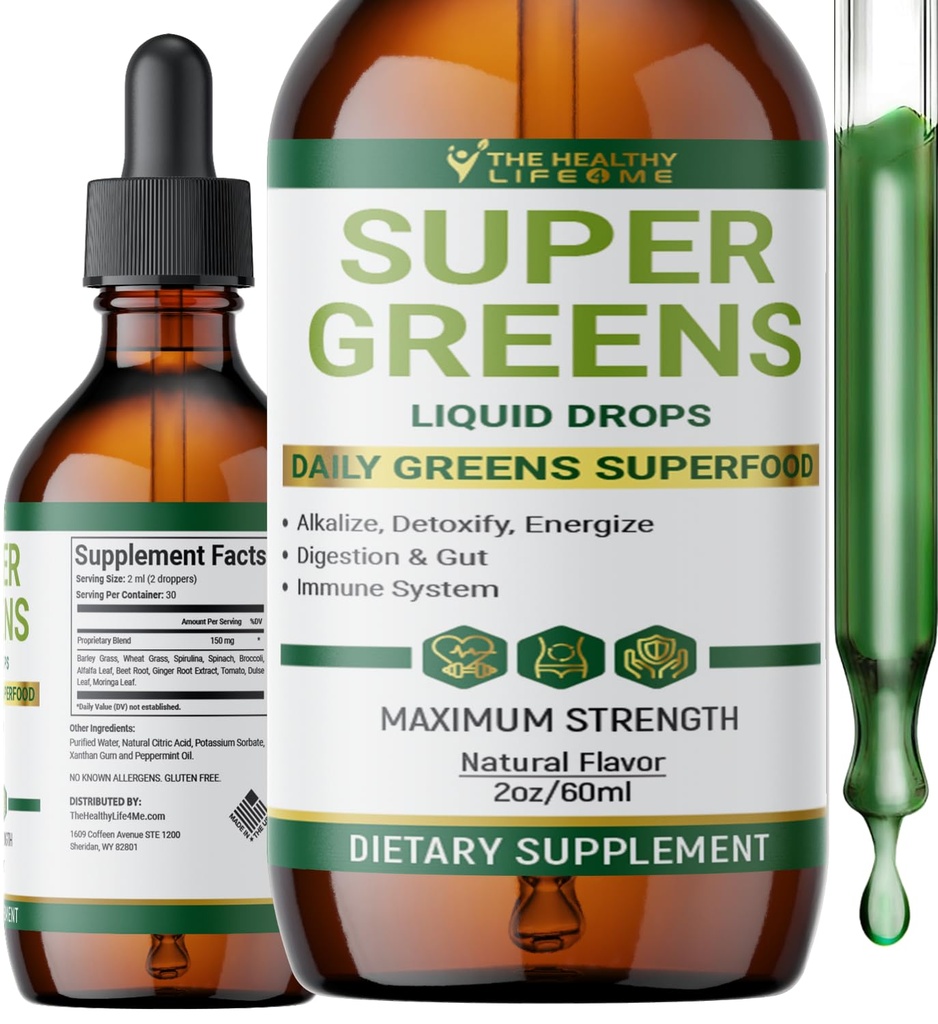 Liquid Super Greens gouttes d'antioxydants puissants d'Immune Support digestif d'Immune Santé de Peppermint Flavor d'Immune par La vie saine pour moi de 2oz - 30 jours d'approvisionnement