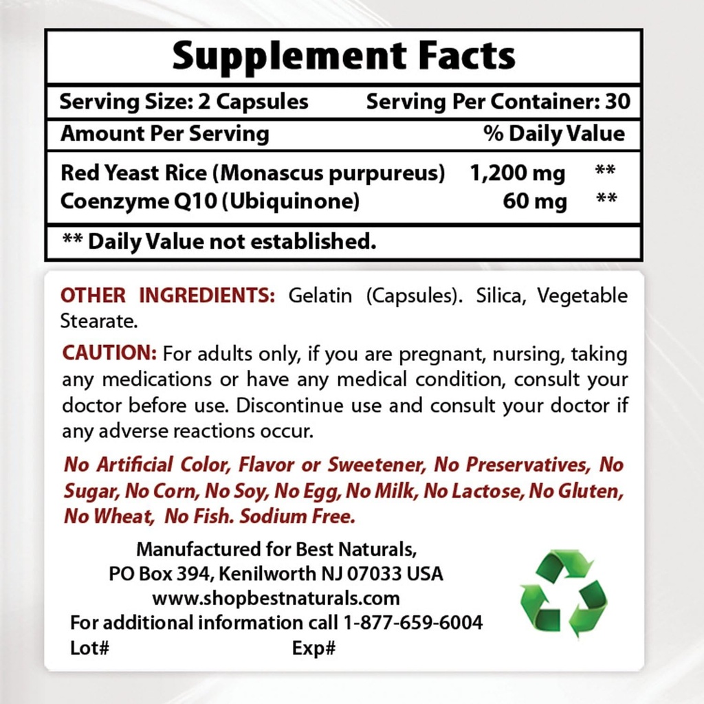 Best Naturals Red Yeast Rice with COQ10 & Niacin 500 mg