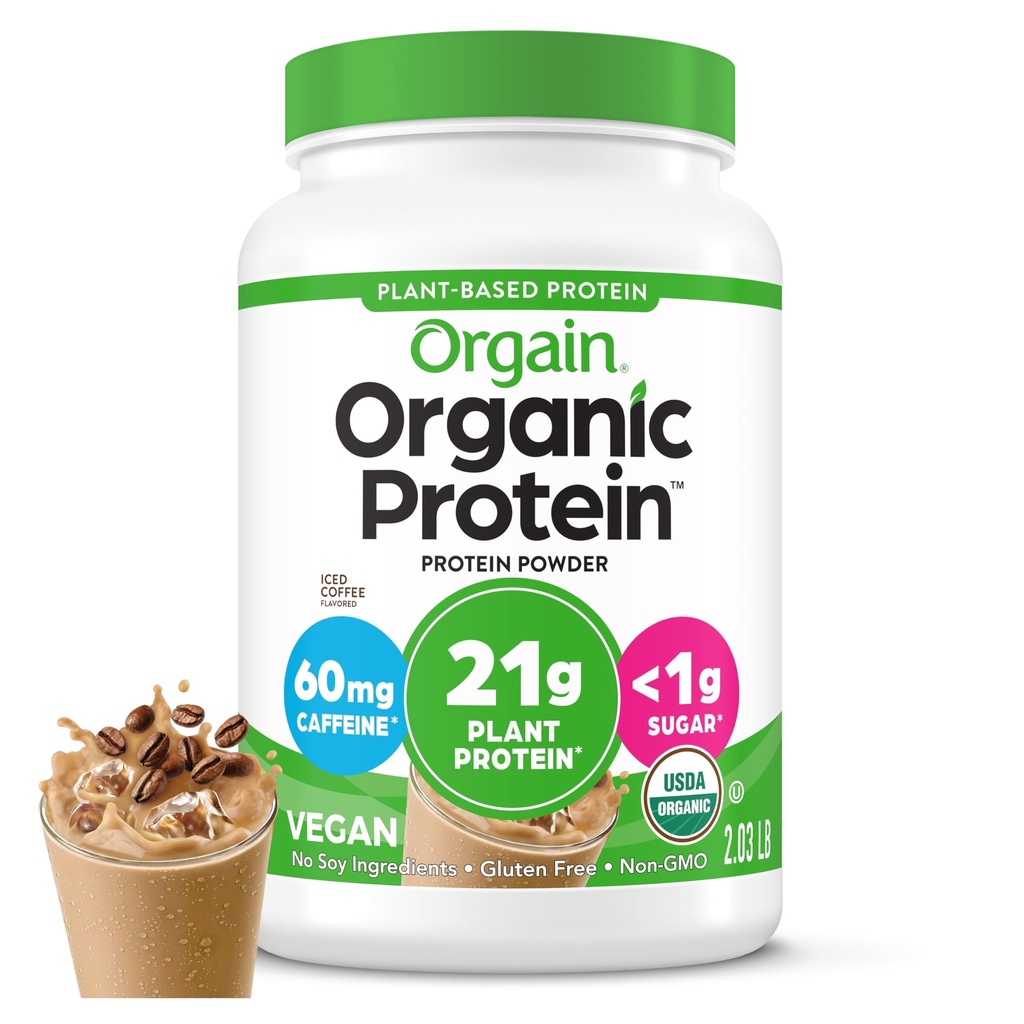 Orgaine en poudre de protéines végétaliennes organiques, café glacé - 21g Protéines végétales, 60mg de caféine, faible teneur en glucides, sans ingrédients de lactose, sans sucre ajouté, non-OGM, pour Shakes & Smoothies, 2,03 lb