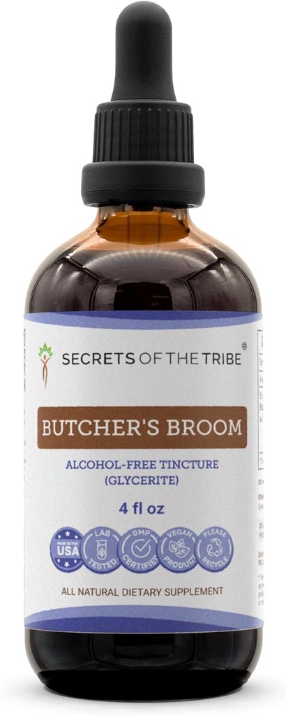Secrets of the Tribe Butcher's Broom Tinctuur Alcoholvrij Liquid Extract, Butcher's Broom (Ruscus aculeatus) Gedroogde Wortel (4 FL OZ)