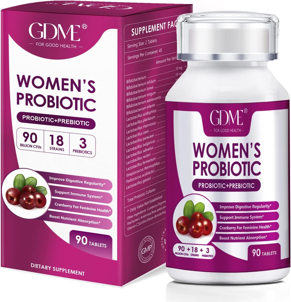 GDME Vrouwenprobiotica, 90 tabletten 90 miljard CFU 18 strepen, bevat biologische prebiotische cranberry,probiotische supplement voor digestie, immuniteit, gezondheid van vrouwen, soja gluten zuivelvrij