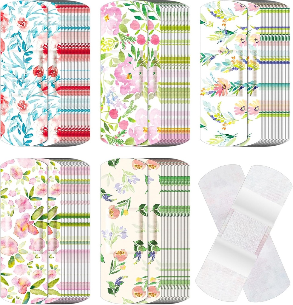 120 Stuks Stof Kleefstof Flexibele Bandages Bulk Assorted Vormen en Patronen Kleine kleurrijke Mooie Stof Bandages met Non Stick Pad 3 x 1 Inch voor snit Wound Scrapes Vrouwen(Flower)