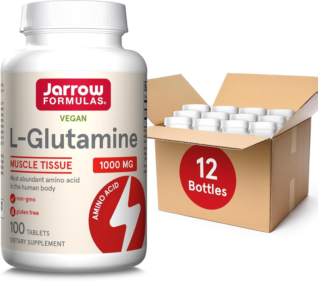 Jarrow Formules L-Glutamine 1000 mg, Dieetsupplement voor Spierweefsel, Multifunctioneel Aminozuur, Immuun Ondersteuning, 100 Easy-Solv Tablets, 50-100 Day Supply, Verpakking van 12