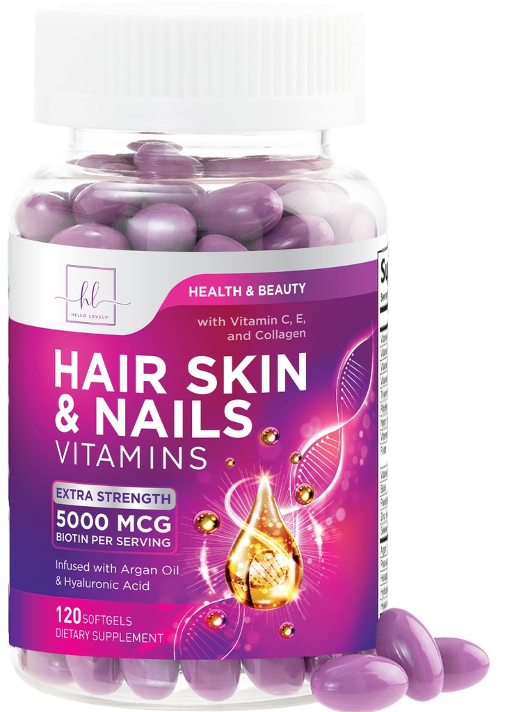 Haar, huid en nagels Vitaminen voor vrouwen - Biotin 5000mcg ter ondersteuning van haargroei met arganolie, collageen en hyaluronzuur, mooie, sterkere huid, haar en nagels vitaminesupplement - 120 Softgels