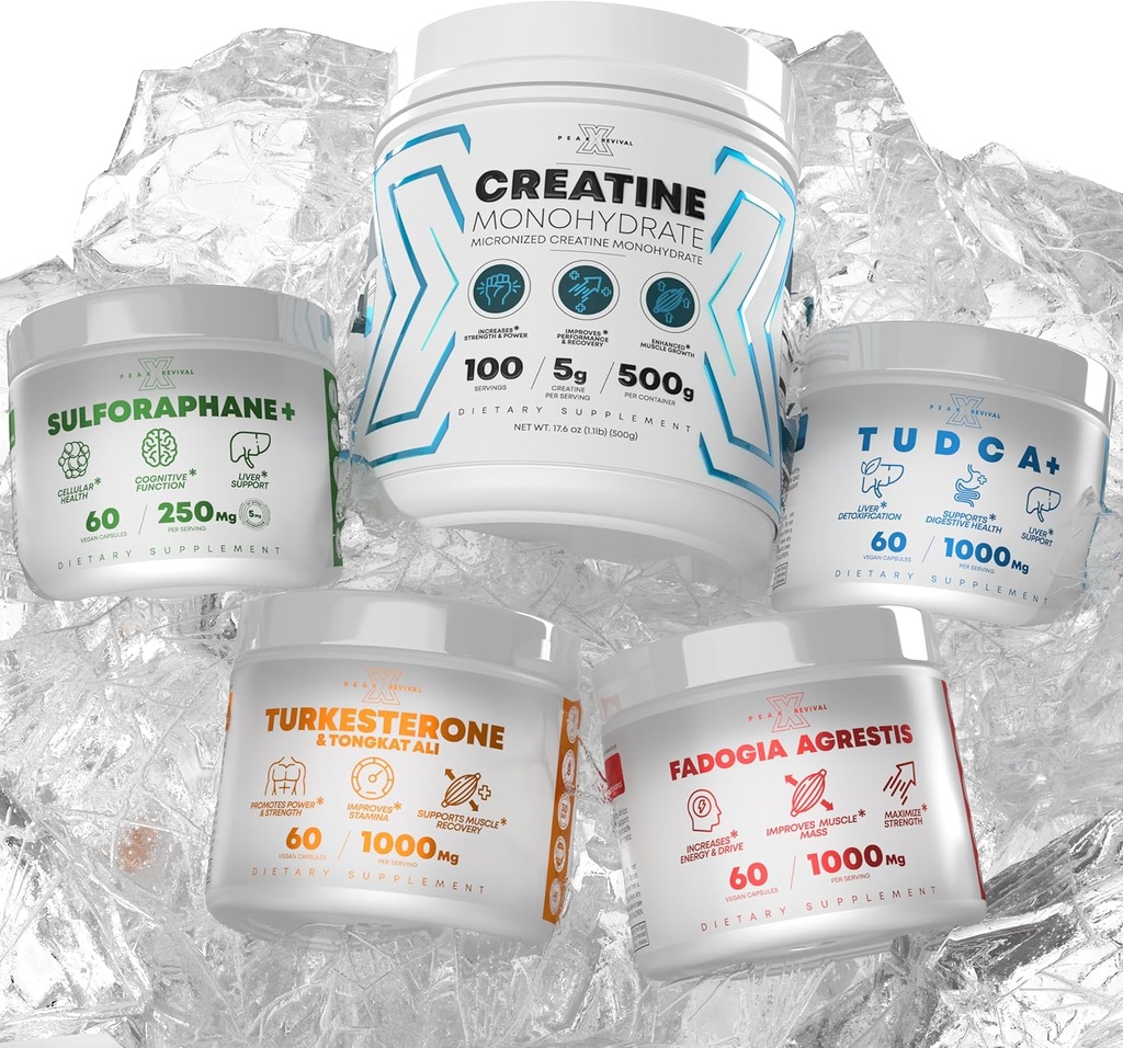 Bundel - Turkesterone & Tongkat Ali + Fadogia Agrestis + Creatine + Sulforaphane + TUCCA - Boost uithoudingsvermogen, spiergroei, levergezondheid, cognitieve functie & detox - Made in USA