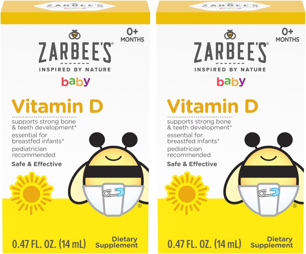 De vitamine D druppels van Zarbee voor baby's, 400IE (10mcg) Baby & peuter vloeibare supplement, pasgeboren & Up, Dropper spuit inbegrepen, verpakking van 2 0,47 Fl Oz flessen