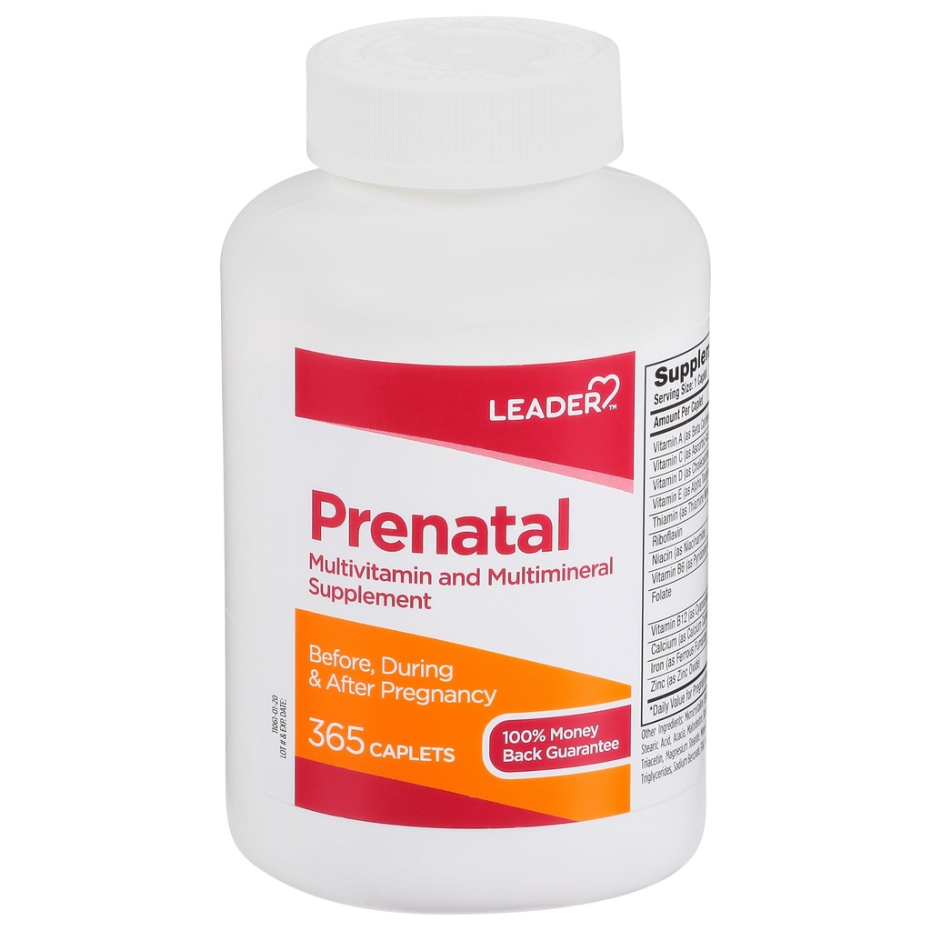 LEADER Prenatale multivitamine met 800 mcg foliumzuur en essentiële voedingsstoffen voor gezonde zwangerschap en foetale ontwikkeling, DHA, hoge potentie vitamine voor verwachte moeders, dagelijkse ondersteuning, 365 caplets