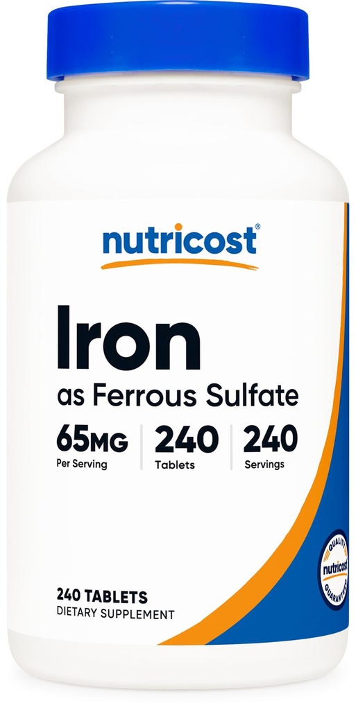 Nutricost Iron (As Ferrous Sulfate) 65mg, 240 Tablets - Non-GMO, Glutenvrij