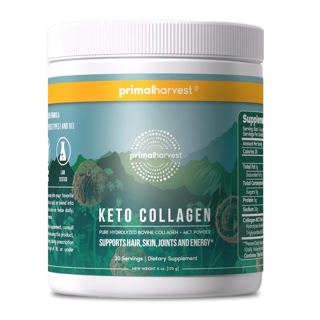 Primal Oogst Keto Collageen Poeder w/MCT Olietype I & III Collageen Peptiden voor vrouwen en mannen 30 porties
