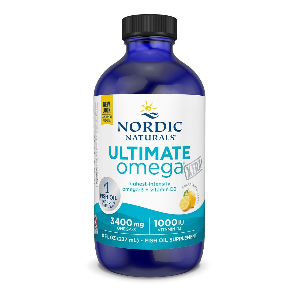 Nordic Naturals Ultimate Omega Xtra Liquid, Lemon Flavor - 8 oz - 3400 mg Omega-3 + 1000 UI Vitamine D3 - EPA & DHA - Santé du cerveau, du coeur, des articulations et des immunes - Non-OGM - 48 portions