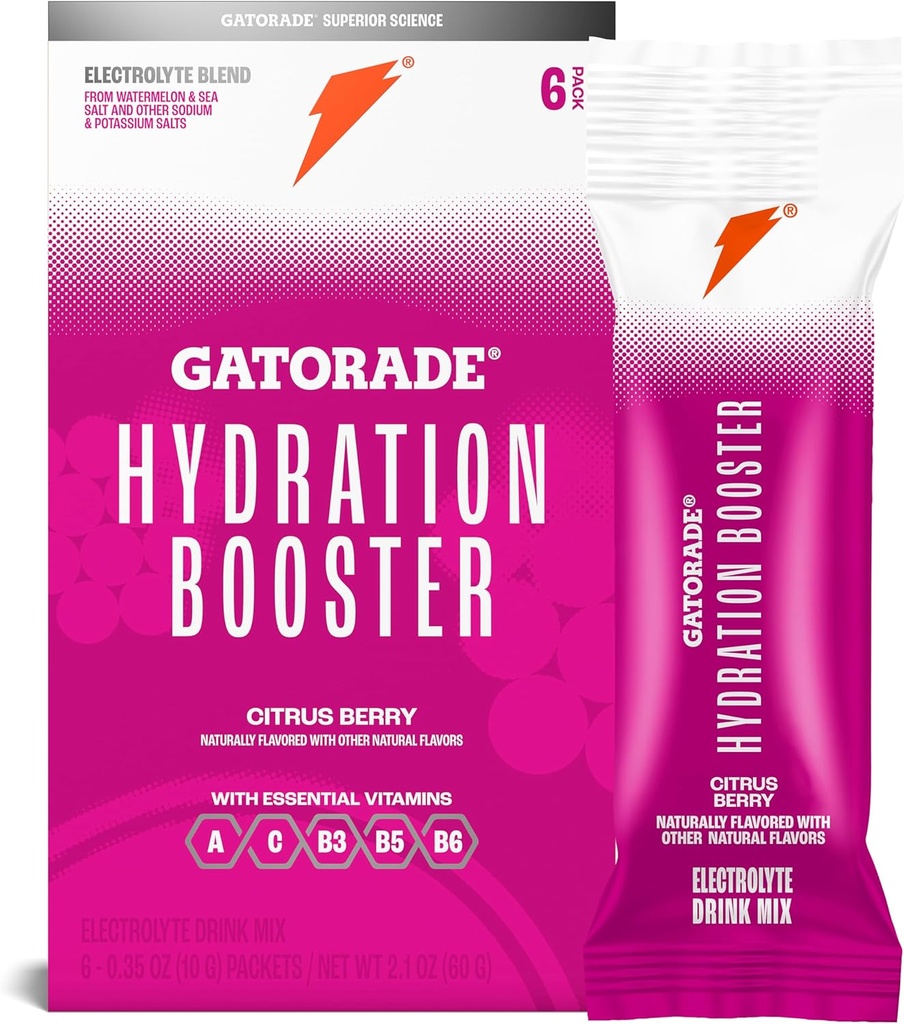 Gatorade Hydration Booster Electrolyte Drink Mix poederverpakkingen, Citrus Berry, geavanceerde Electrolyte Blend, Geen toegevoegde kleuren, Geen kunstmatige zoetstoffen, essentiële vitamines A, C, B3, B5, B6, maakt 20 Fl Oz, (6 Pack)