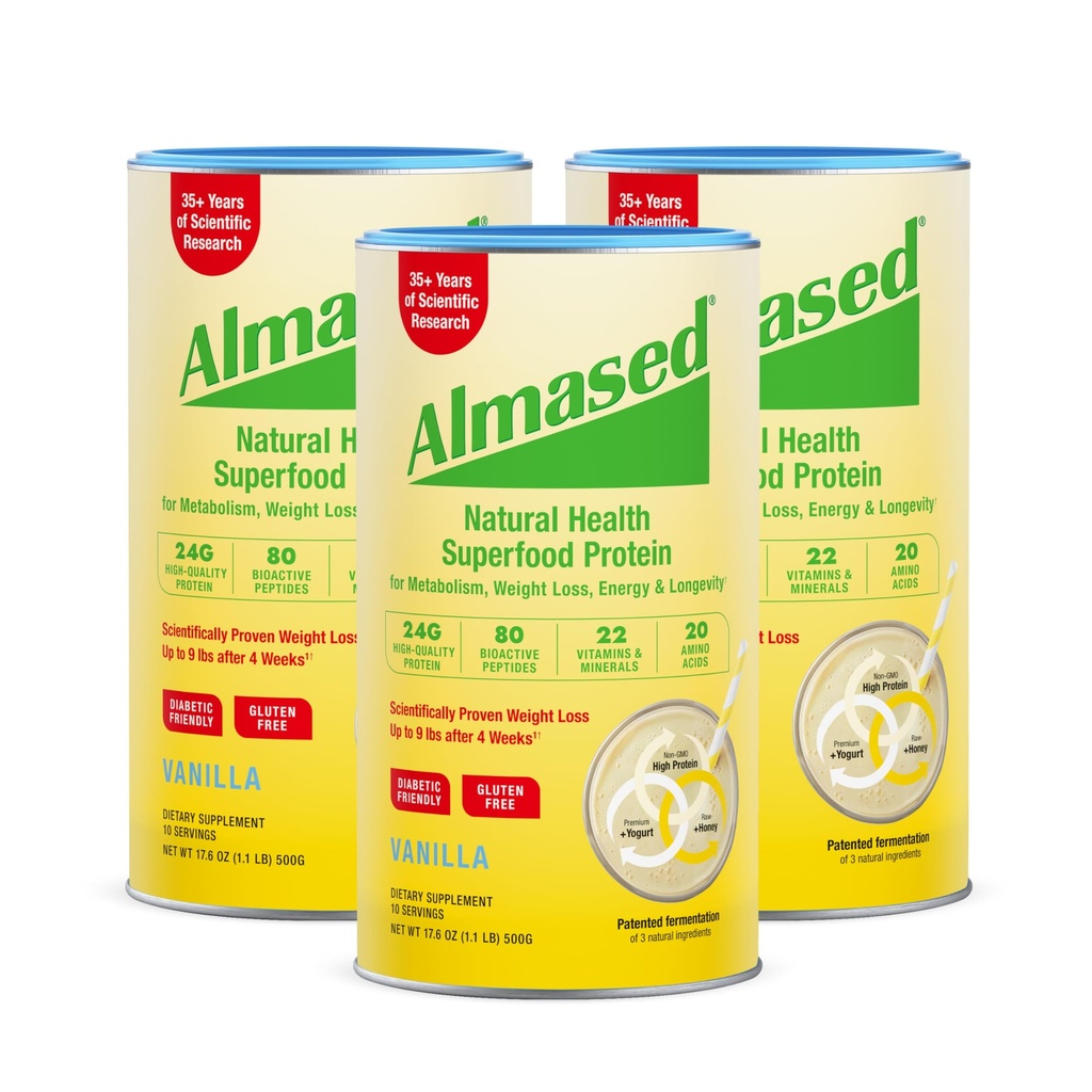 Almased Vanille Maaltijd Vervangingsshake - Low-Glycemic High Plant Base Protein Powder- Nutritional Weight Health Support Supplement - Vanille Smaak - 17,6 oz (1.1 Pond (3 Pack))